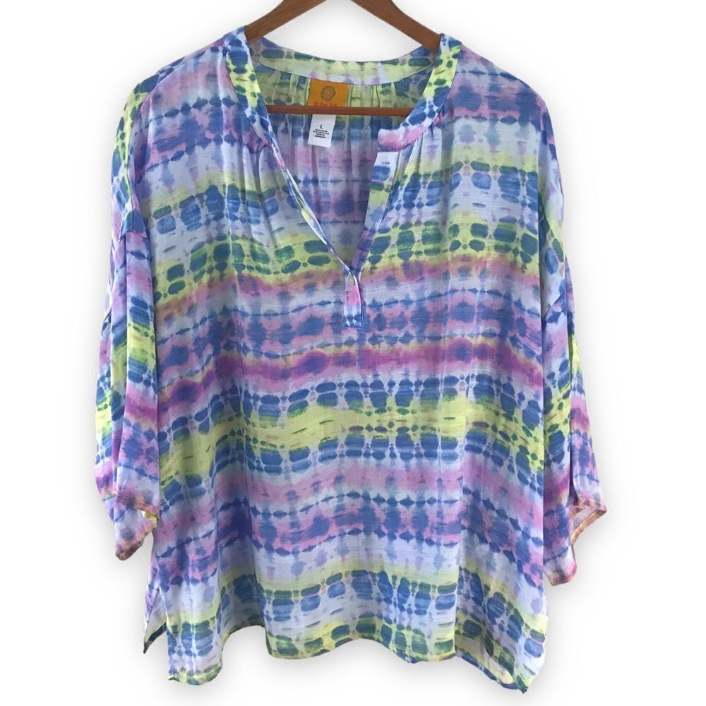 Ruby Rd. Pastel Tie Dye Split Neck Blouse Size L - image 1